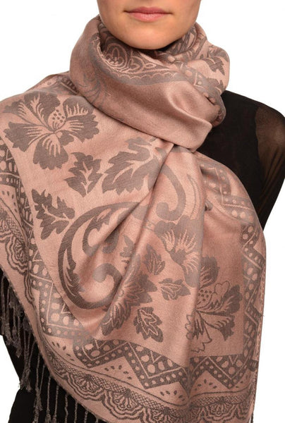 Large Paisley & Roses On Chestnut Pink Pashmina With Tassels