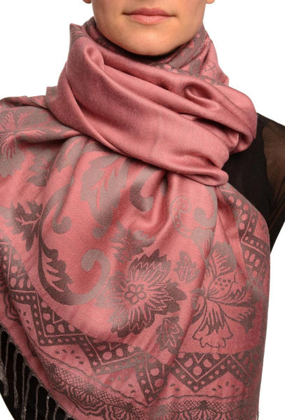 Large Paisley & Roses On Dark Pink Pashmina With Tassels