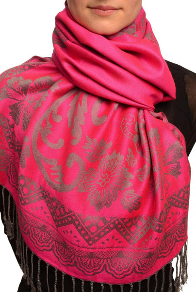 Large Paisley & Roses On Magenta Pashmina With Tassels