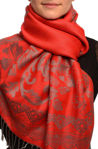 Large Paisley & Roses On Red Pashmina With Tassels