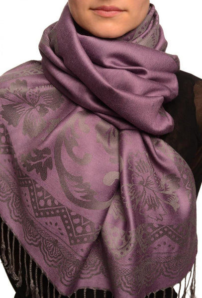 Large Paisley & Roses On Grey Pashmina With Tassels