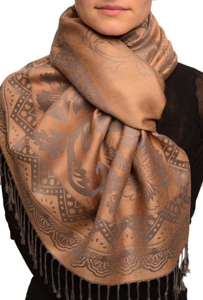 Large Paisley & Roses On Mocha Pashmina With Tassels