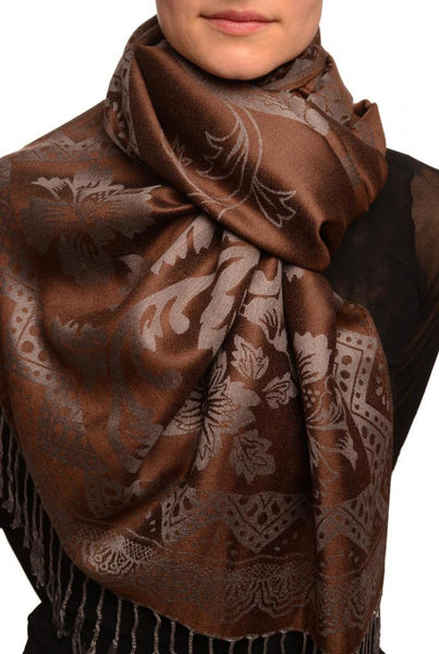 Large Paisley & Roses On Brown Pashmina With Tassels