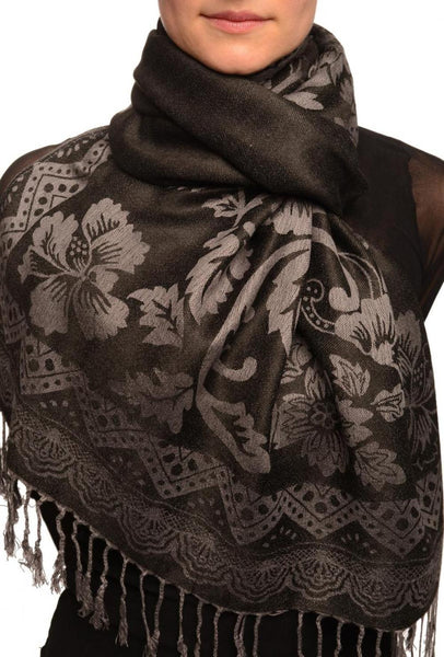 Large Paisley & Roses On Black Pashmina With Tassels