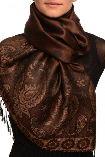 Ovals & Paisleys On Brown Pashmina With Tassels