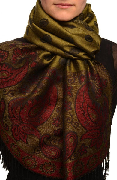 Ovals & Paisleys On Olive Green Pashmina With Tassels