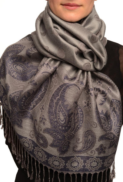 Ovals & Paisleys On Grey Pashmina With Tassels