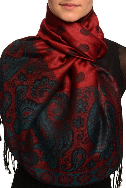 Ovals & Paisleys On Burgundy Pashmina With Tassels