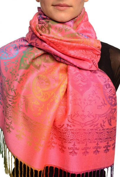 Mirrored Ombre Paisleys On Pink Pashmina With Tassels