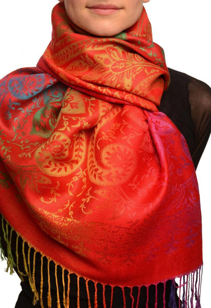 Mirrored Ombre Paisleys On Red Pashmina With Tassels