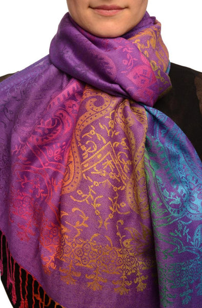 Mirrored Ombre Paisleys On Perple Pashmina With Tassels