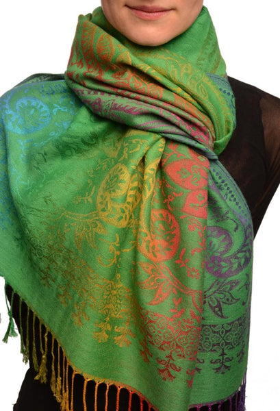 Mirrored Ombre Paisleys On Grass Green Pashmina With Tassels