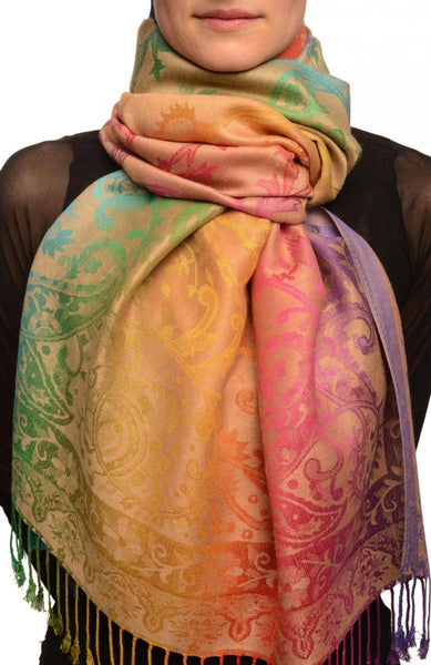 Large Ombre Paisley On Beige Pashmina With Tassels