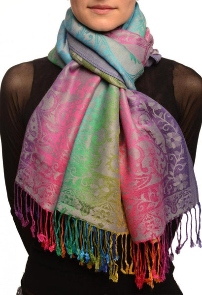 Large Ombre Paisley On Grey Pashmina With Tassels