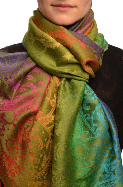 Large Ombre Paisley On Olive Green Pashmina With Tassels