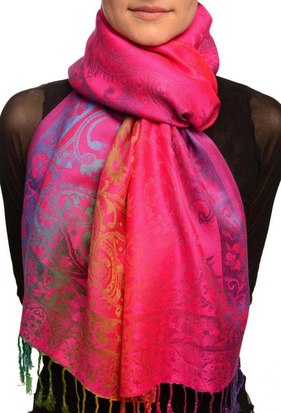 Large Ombre Paisley On Magenta Pashmina With Tassels