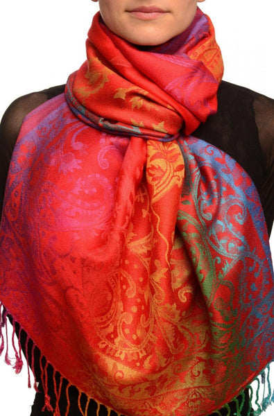 Large Ombre Paisley On Red Pashmina With Tassels