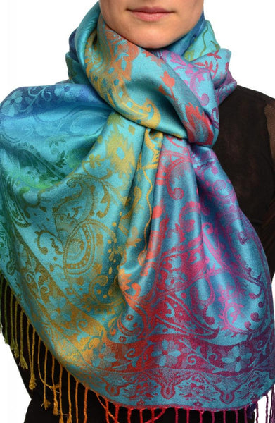 Large Ombre Paisley On Dodger Blue Pashmina With Tassels