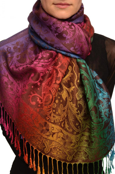 Large Ombre Paisley On Brown Pashmina With Tassels