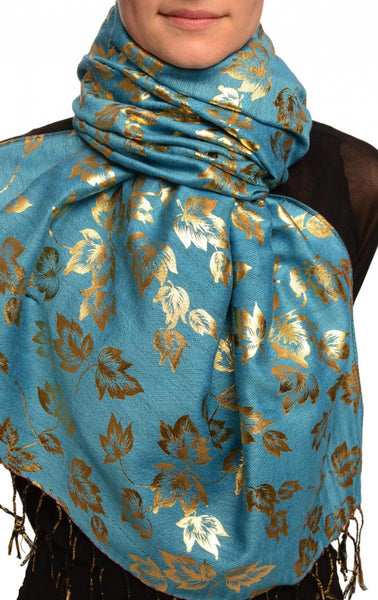 Gold Leafes Print On Dodger Blue Pashmina With Tassels