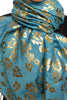 Gold Leafes Print On Dodger Blue Pashmina With Tassels
