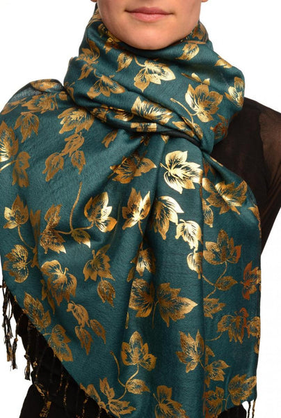 Gold Leafes Print On Prussian Blue Pashmina With Tassels