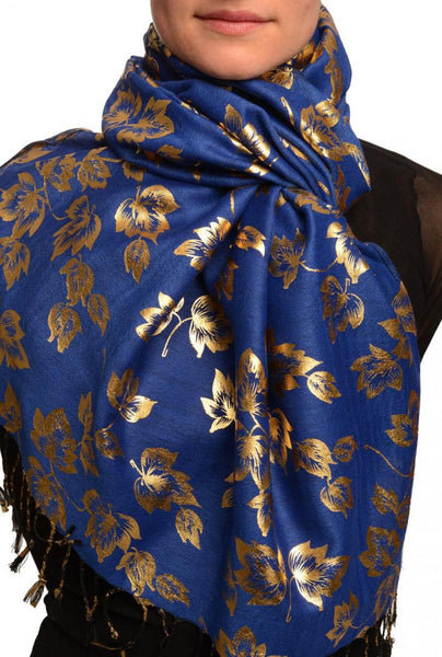 Gold Leafes Print On Persian Blue Pashmina With Tassels