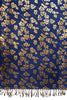 Gold Leafes Print On Persian Blue Pashmina With Tassels