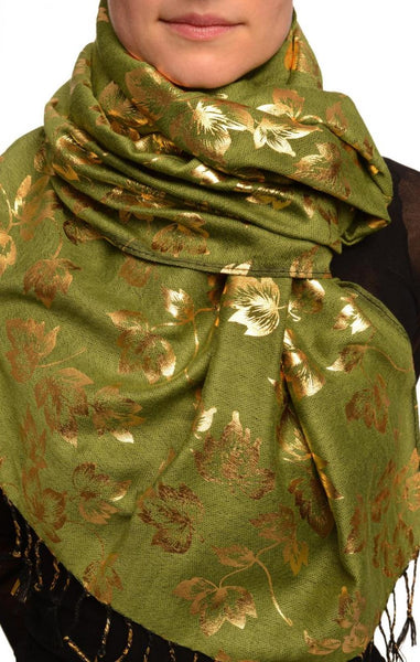 Gold Leafes Print On Olive Green Pashmina With Tassels