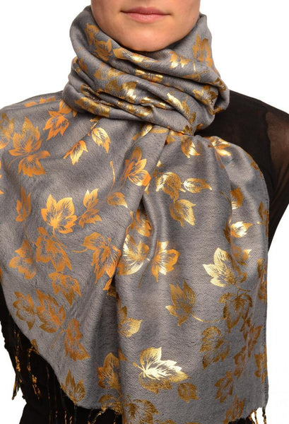 Gold Leafes Print On Grey Pashmina With Tassels