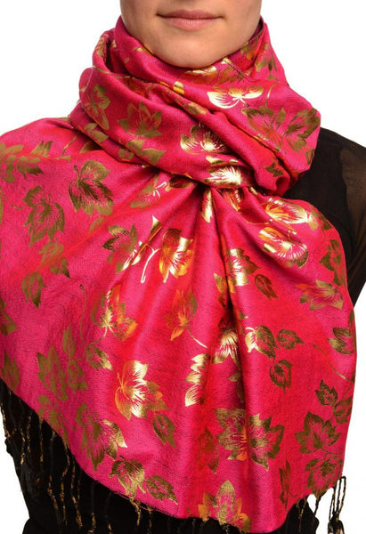 Gold Leafes Print On Magenta Pashmina With Tassels