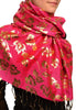 Gold Leafes Print On Magenta Pashmina With Tassels