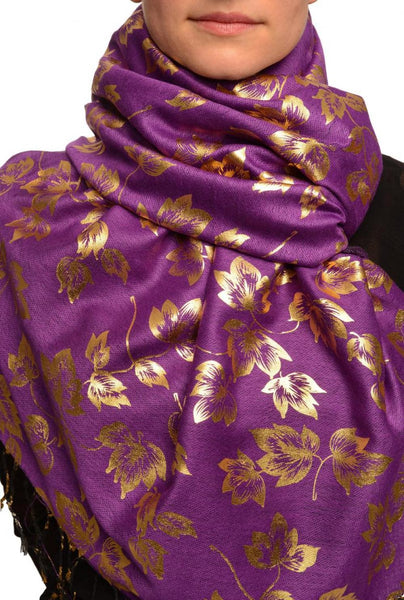 Gold Leafes Print On Purple Pashmina With Tassels