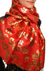 Gold Leafes Print On Red Pashmina With Tassels