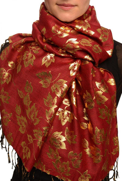 Gold Leafes Print On Bourgundy Pashmina With Tassels