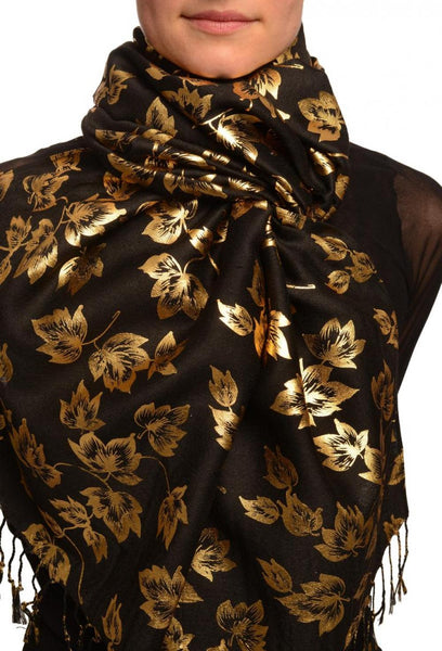 Gold Leafes Print On Black Pashmina With Tassels