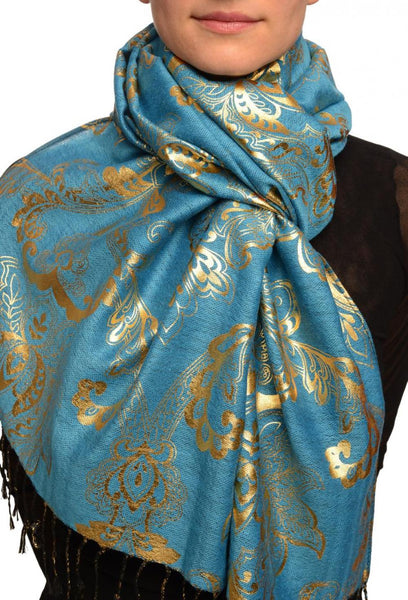 Gold Lotus Flower Print On Dodger Blue Pashmina With Tassels