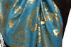 Gold Lotus Flower Print On Dodger Blue Pashmina With Tassels