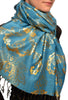 Gold Lotus Flower Print On Dodger Blue Pashmina With Tassels