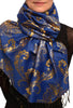 Gold Lotus Flower Print On Persian Prussian Pashmina With Tassels