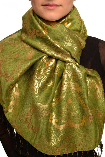 Gold Lotus Flower Print On Olive Green Pashmina With Tassels