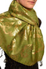 Gold Lotus Flower Print On Olive Green Pashmina With Tassels