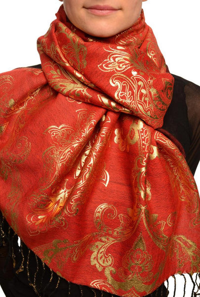 Gold Lotus Flower Print On Red Pashmina With Tassels