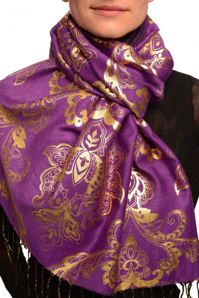 Gold Lotus Flower Print On Purple Pashmina With Tassels