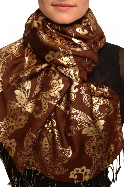 Gold Lotus Flower Print On Brown Pashmina With Tassels