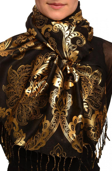 Gold Lotus Flower Print On Black Pashmina With Tassels