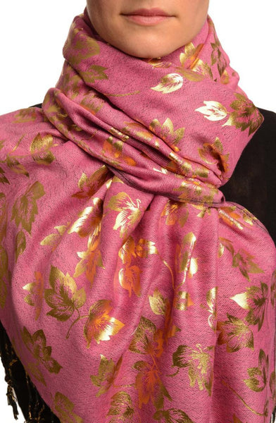 Gold Leafs Print On Puce Pink Pashmina With Tassels