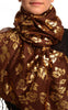 Gold Leafs Print On Brown Pashmina With Tassels