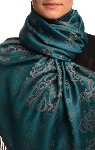 Small Butterflies On Prussian Blue Pashmina With Tassels