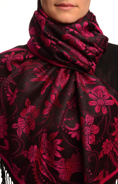 Magenta Garden Flowers On Black Pashmina With Tassels